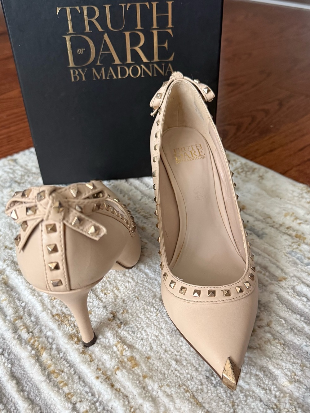 Nude Leather Gold Studded Stilettos with BowTies by Madonna
